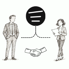 Pictogram of the marketplace: two people exchanging goods under the TWP symbol